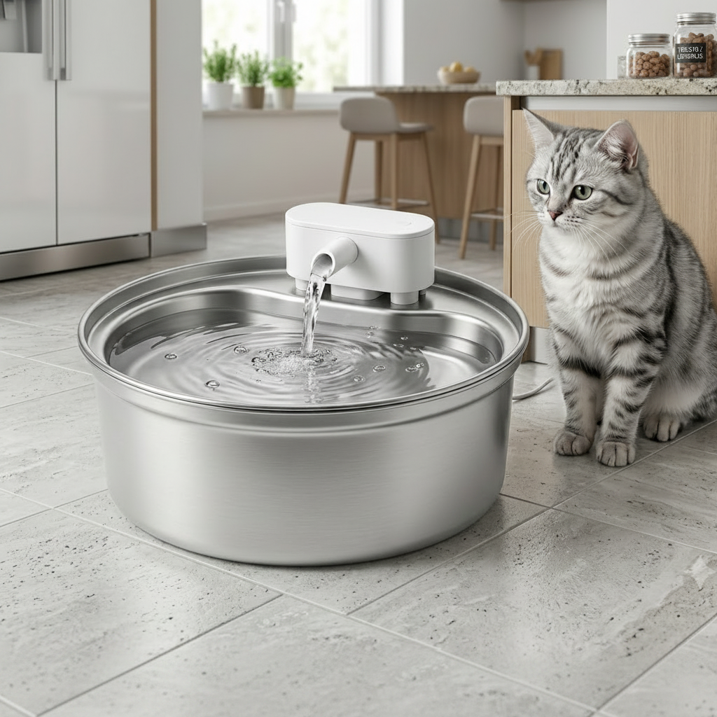 Cat by fountain in kitchen