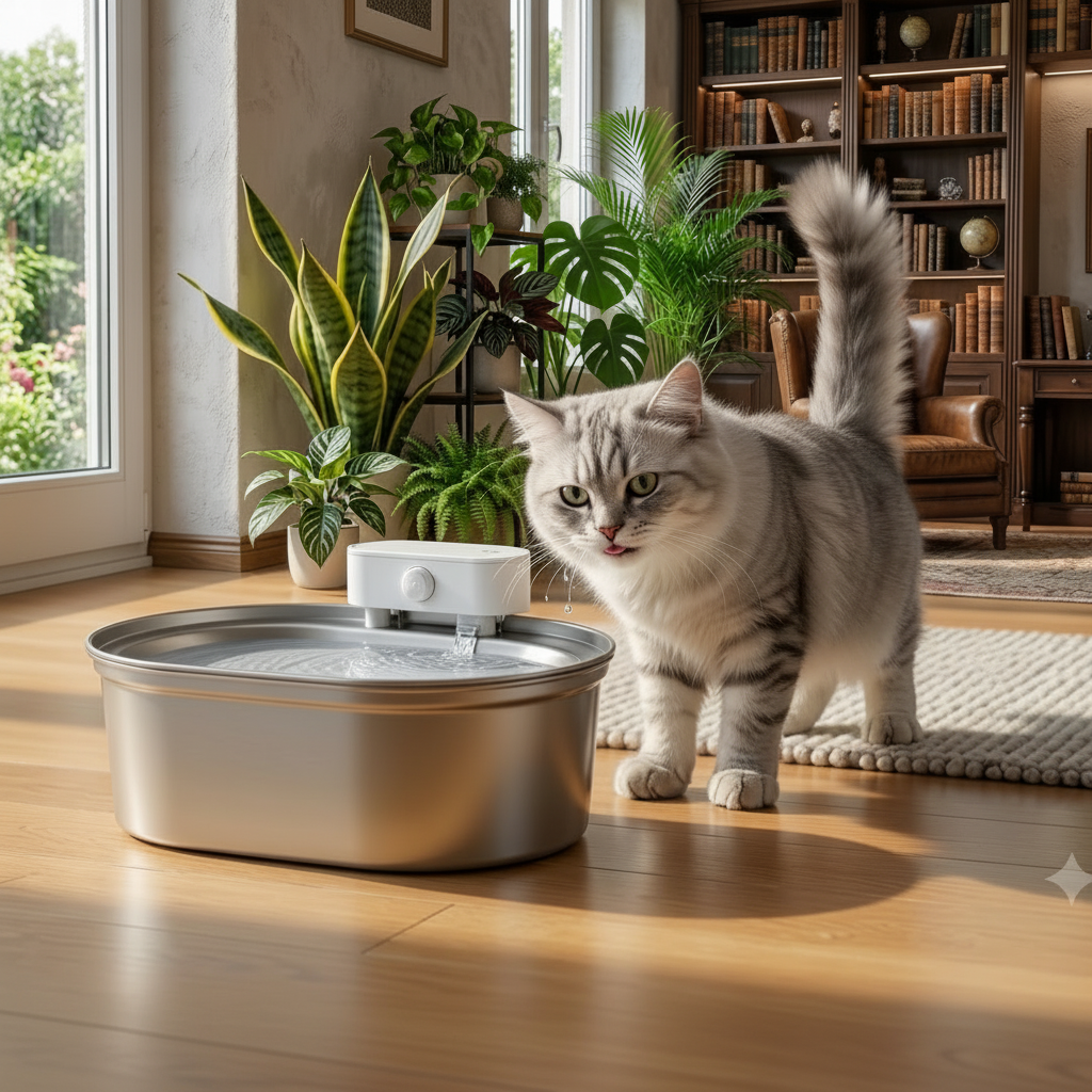 Cat drinking in living room