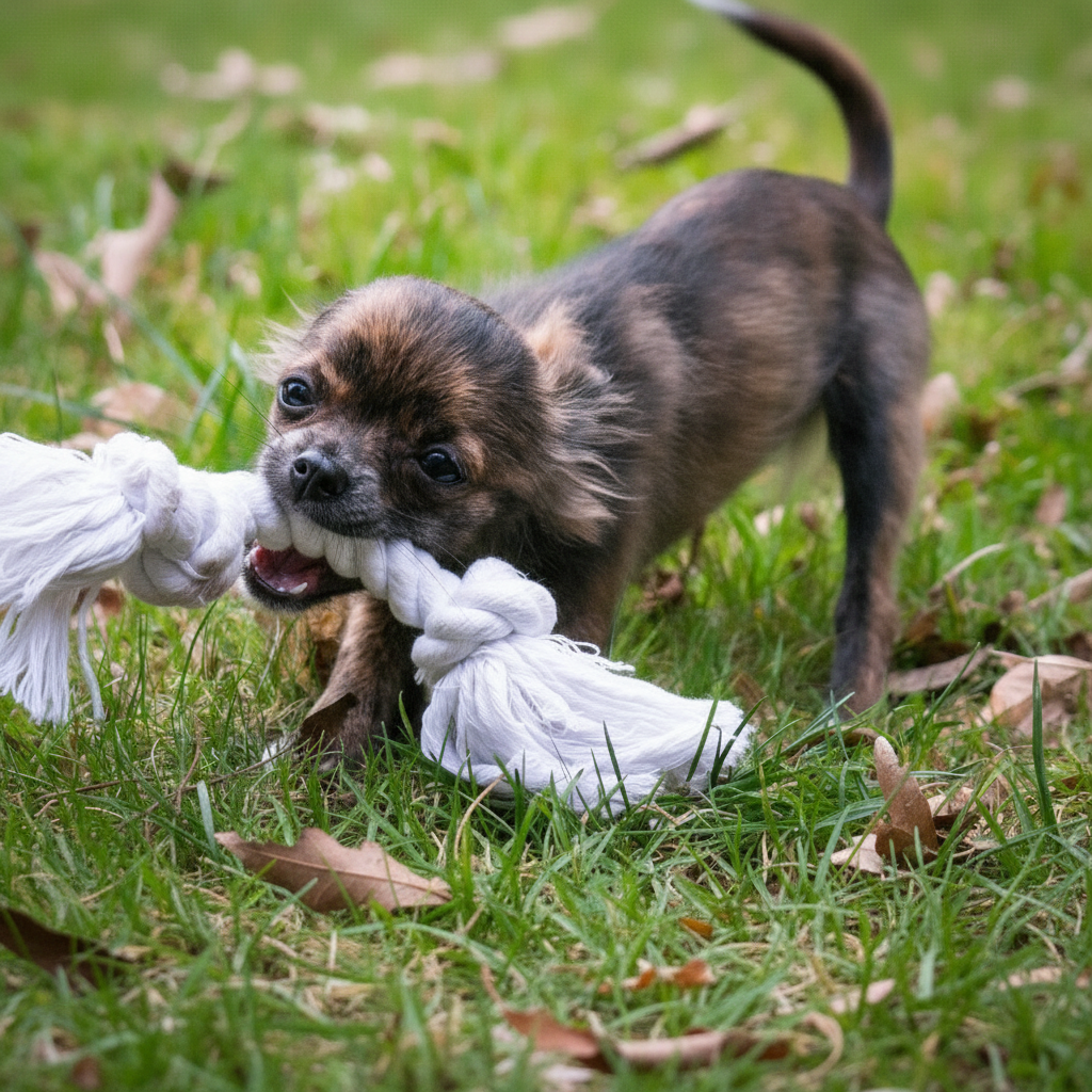 Chihuahua puppy with rope toy