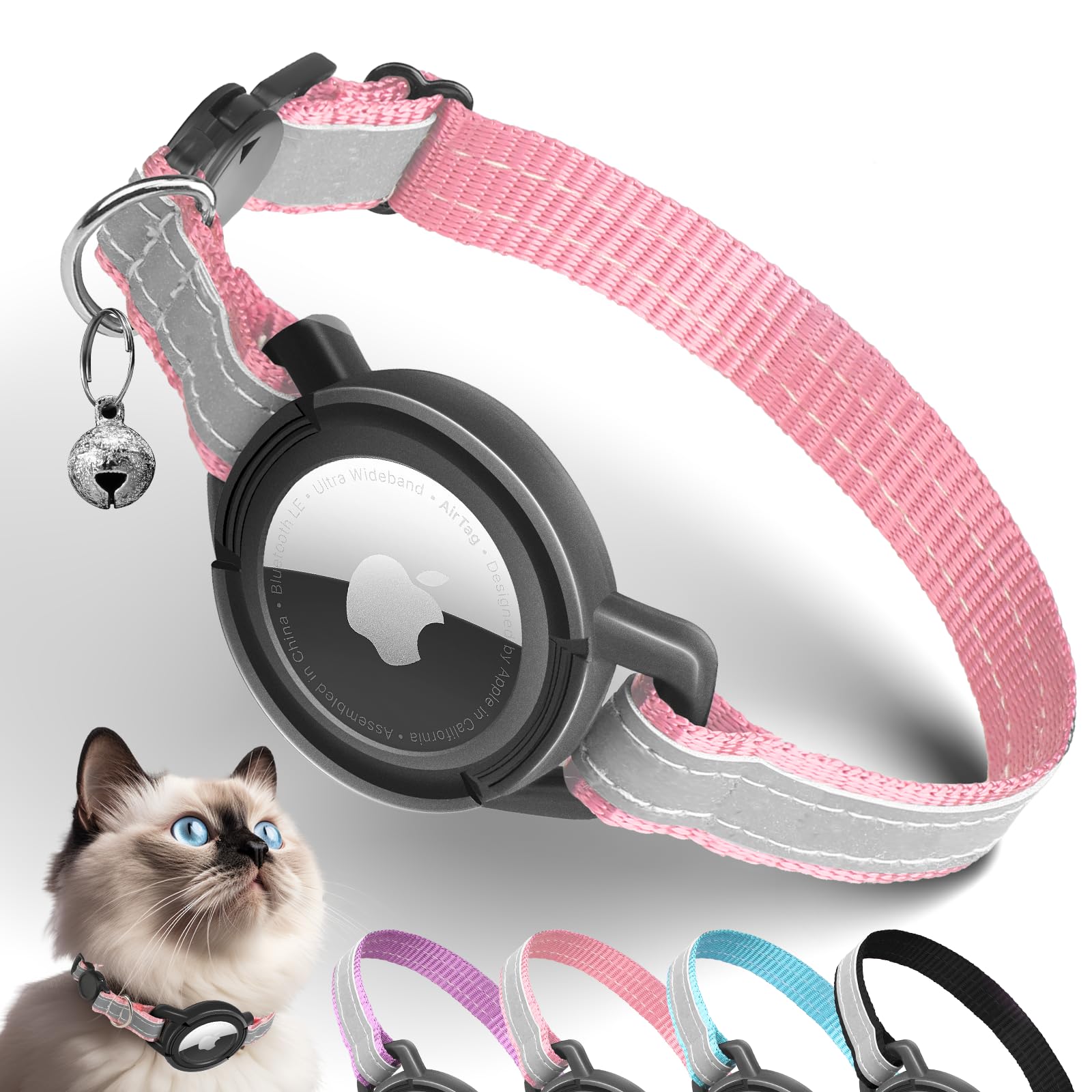 AirTag Cat Collar – Breakaway Safety Collar with Reflective Strip (Pink)