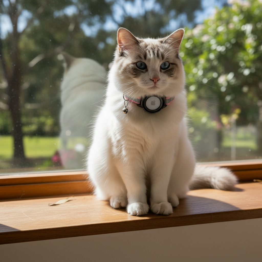 Fluffy Cat Wearing Pink AirTag Collar – Square