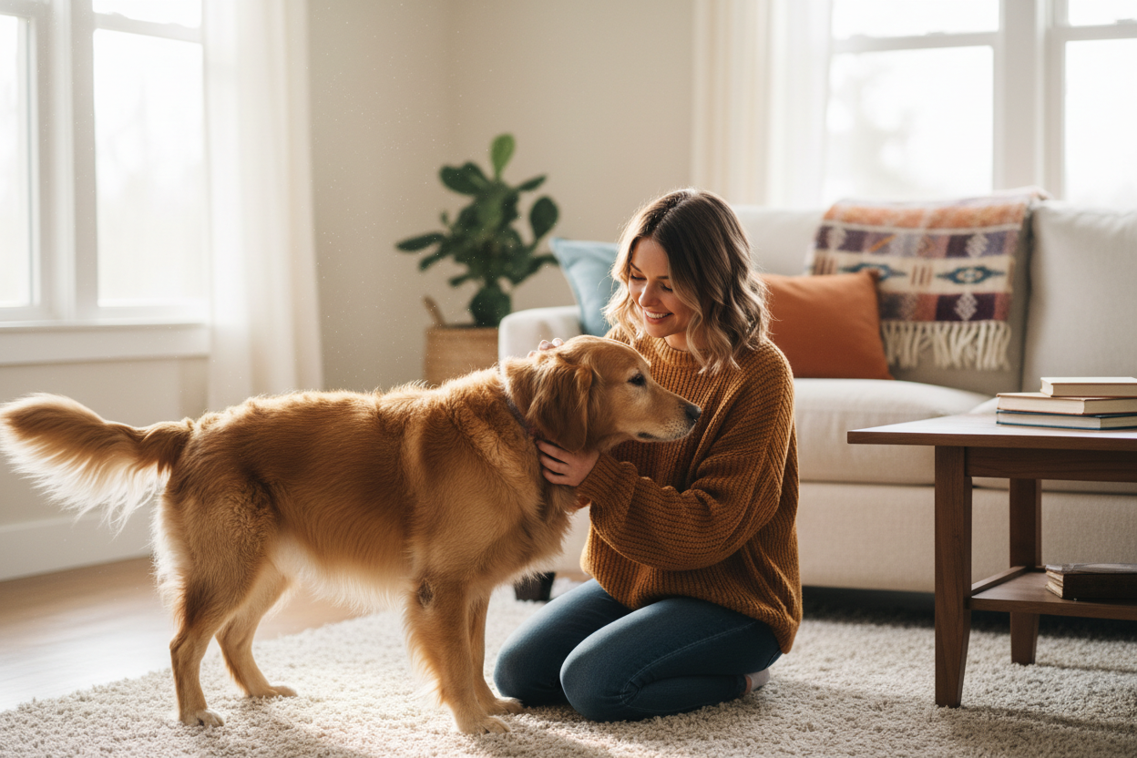 Girl petting dog indoors