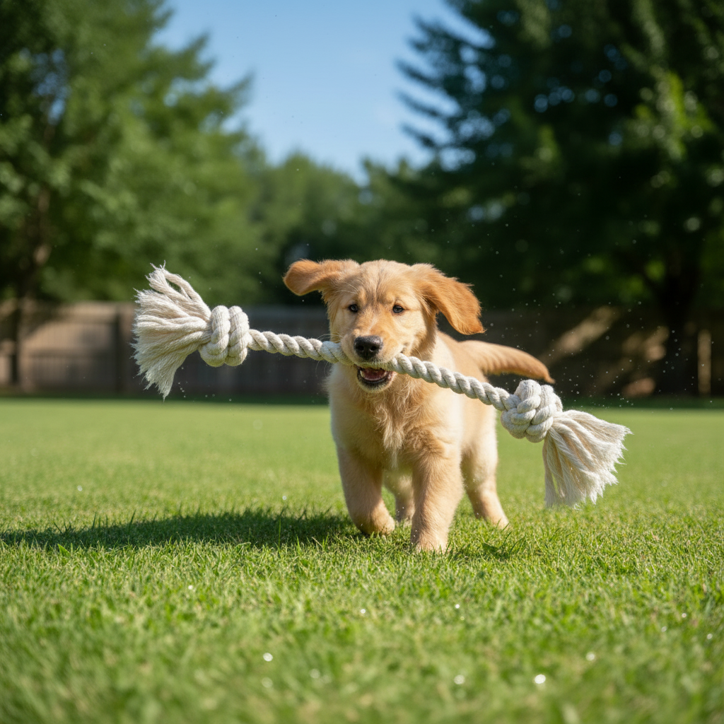 Golden Retriever puppy with rope toy