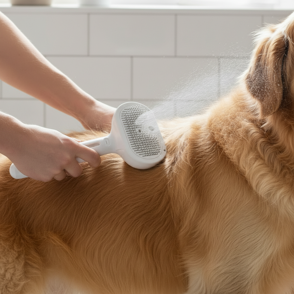 Hand with Spray Brush on Dog